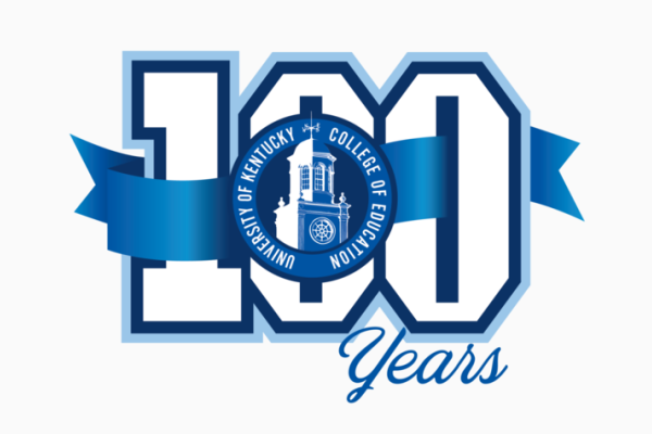 A blue and white logo that says UK College of Education 100 years