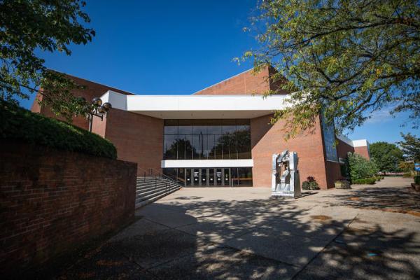 Exterior photo of UK Otis Singletary Center for the Arts, a brick building on campus