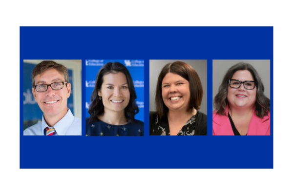 Photos of 4 faculty members on a blue background 