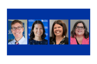 Photos of 4 faculty members on a blue background 
